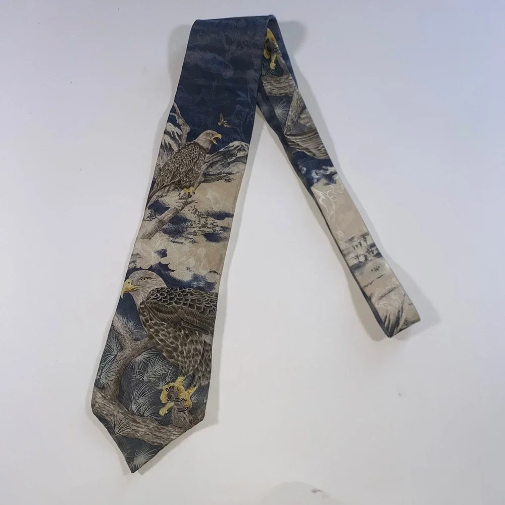 Wembley Endangered Species Bald Eagle Silk Tie Mens Navy Blue‎ Nature Wildlife